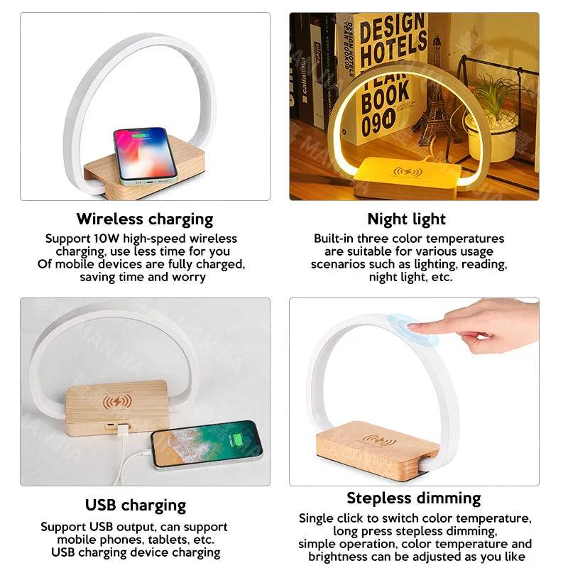 LongBliss SereneBeam: Wood Desk Lamp & Wireless Charger